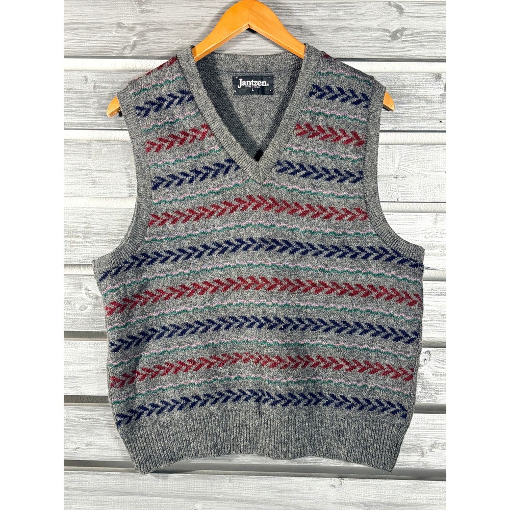 Vintage Jantzen Mens Gray Wool Blend Chevron Fair Isle Sweater Vest L/M USA